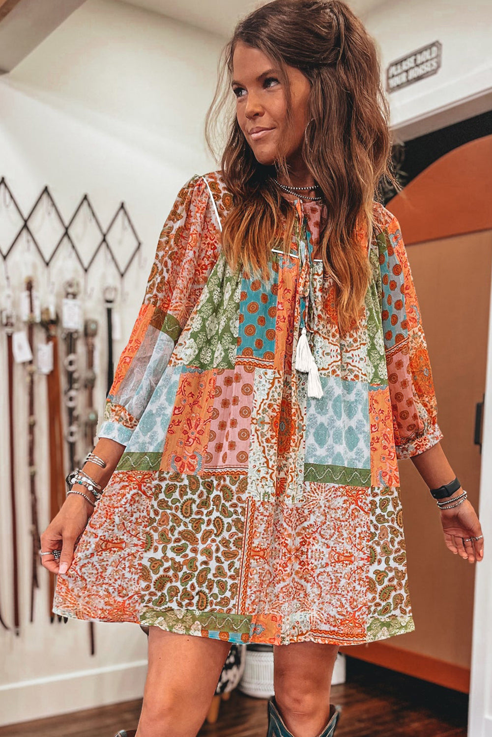 Orange Boho Paisley Mixed Print 3 4 Sleeve Chiffon Loose Dress