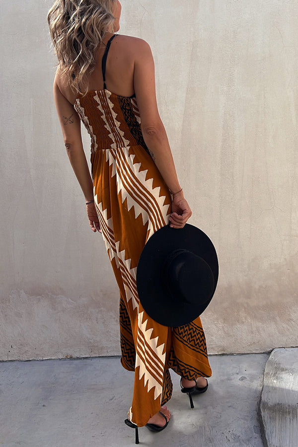 Always Falling Satin Ethnic Print Smocked Back Midi Dress - View 2