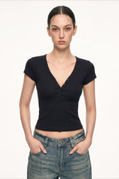 Soft-Touch V-Neck Button Fitted Crop Top