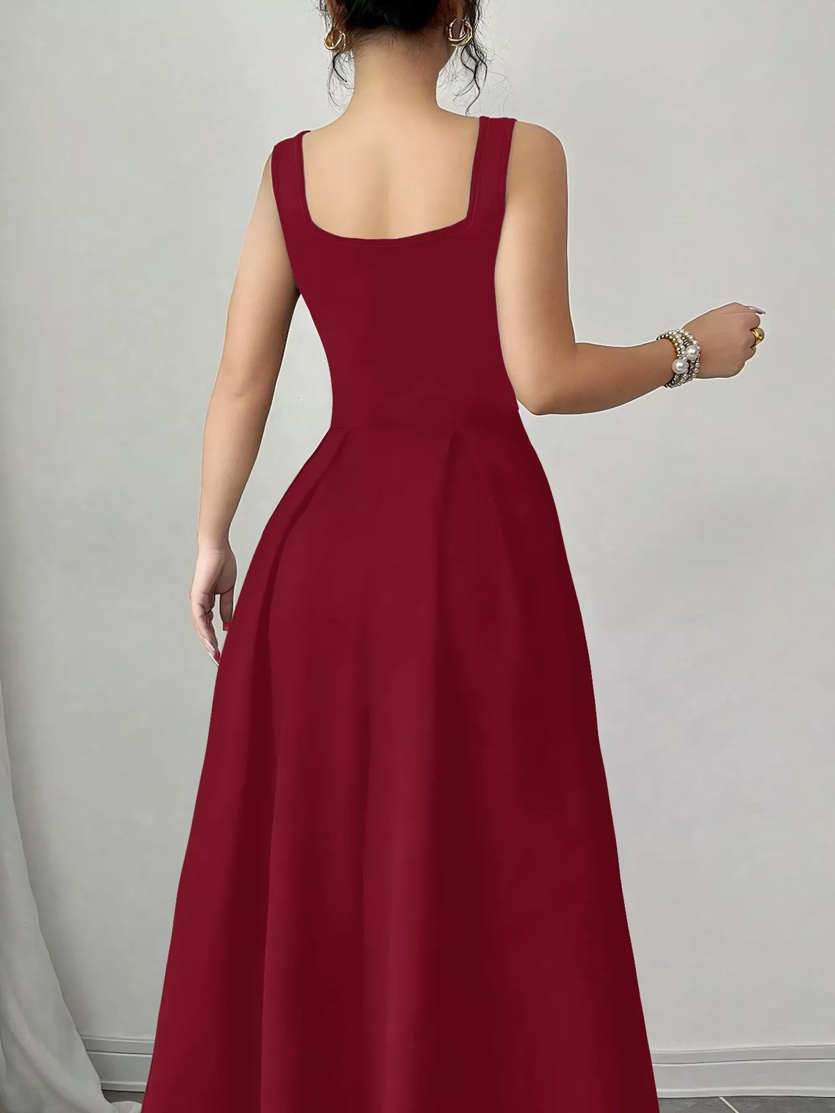 Square Neck Wide Strap Sleeveless Pleated A-Line Maxi Dress with Pockets 2