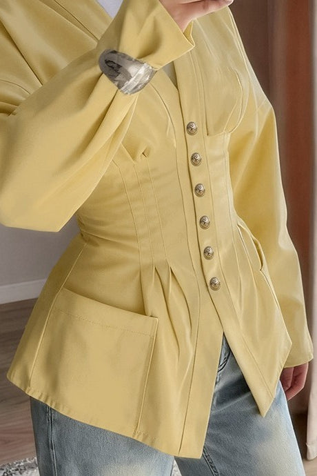 V-Neck Long Sleeve Pleated Cinched Waist Button Front Peplum Blouse 2