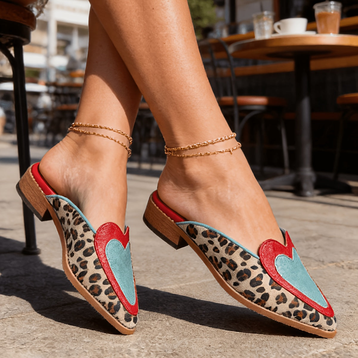 Pointed Toe Heart Applique Leopard Print Backless Mules