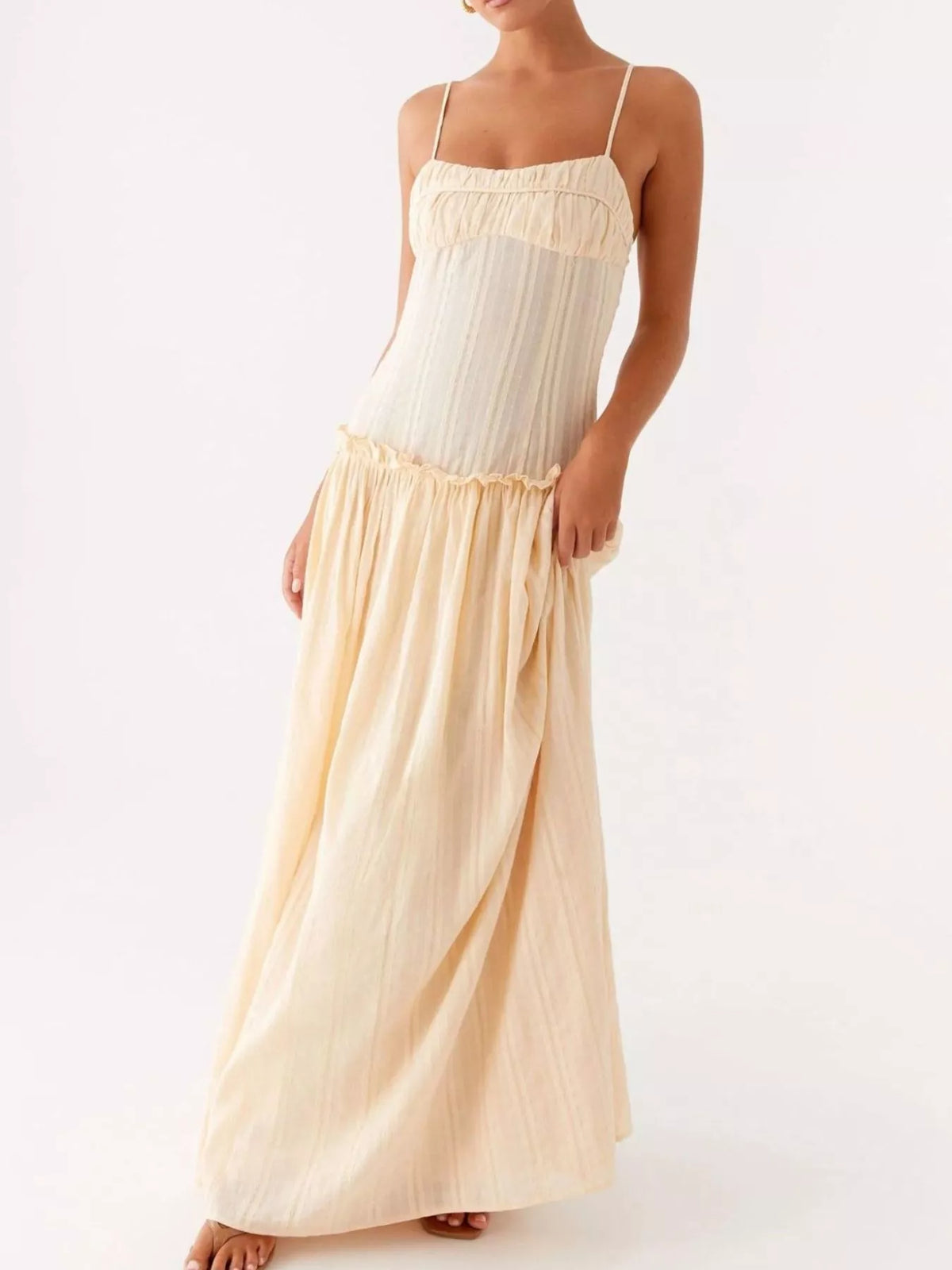 Ruched Bust Drop Waist Ruffle Trim Cami Maxi Dress 31