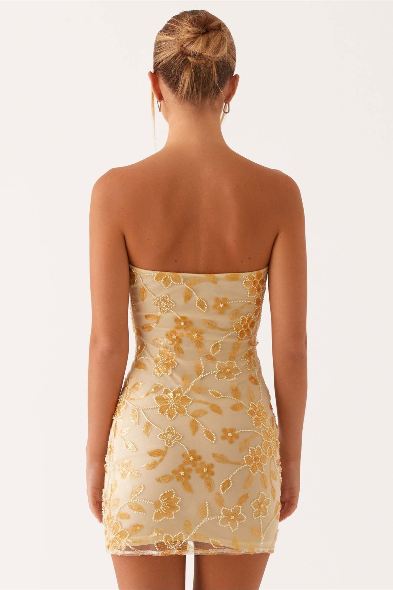 Floral Sequin Strapless Ruched Bodycon Mini Dress