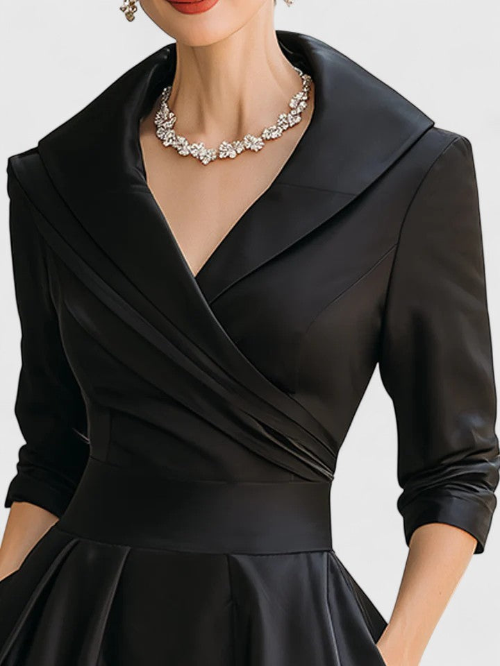 Satin Collared Long Sleeve Fit and Flare Midi Dress 2