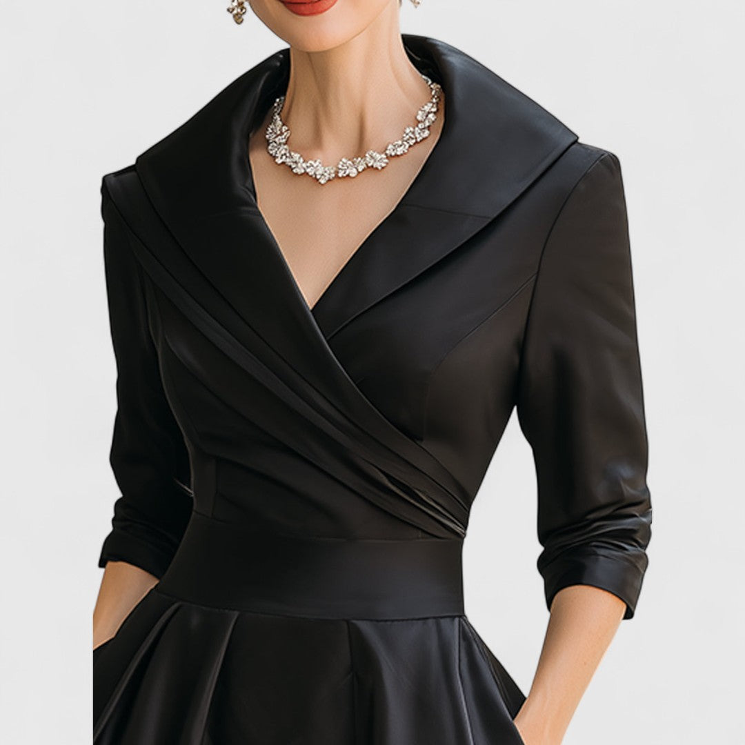 Satin Shawl Collar Wrap Fit and Flare Midi Dress