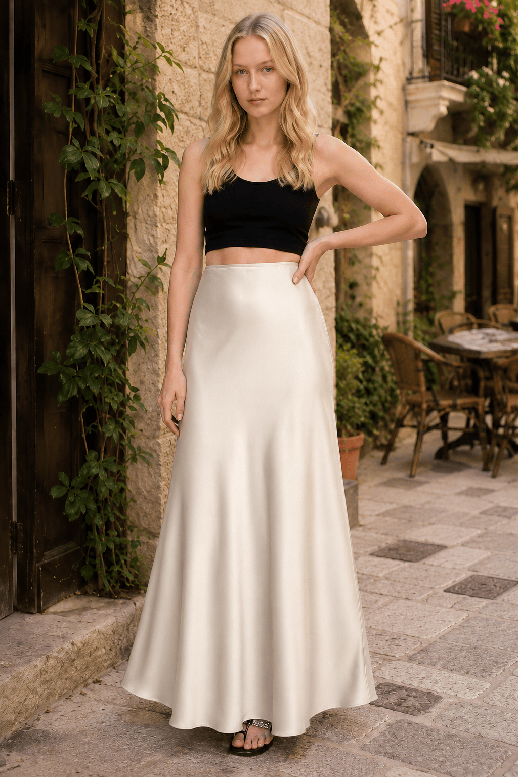 Satin High Waist Bias Cut Flared Hem Maxi Skirt 3