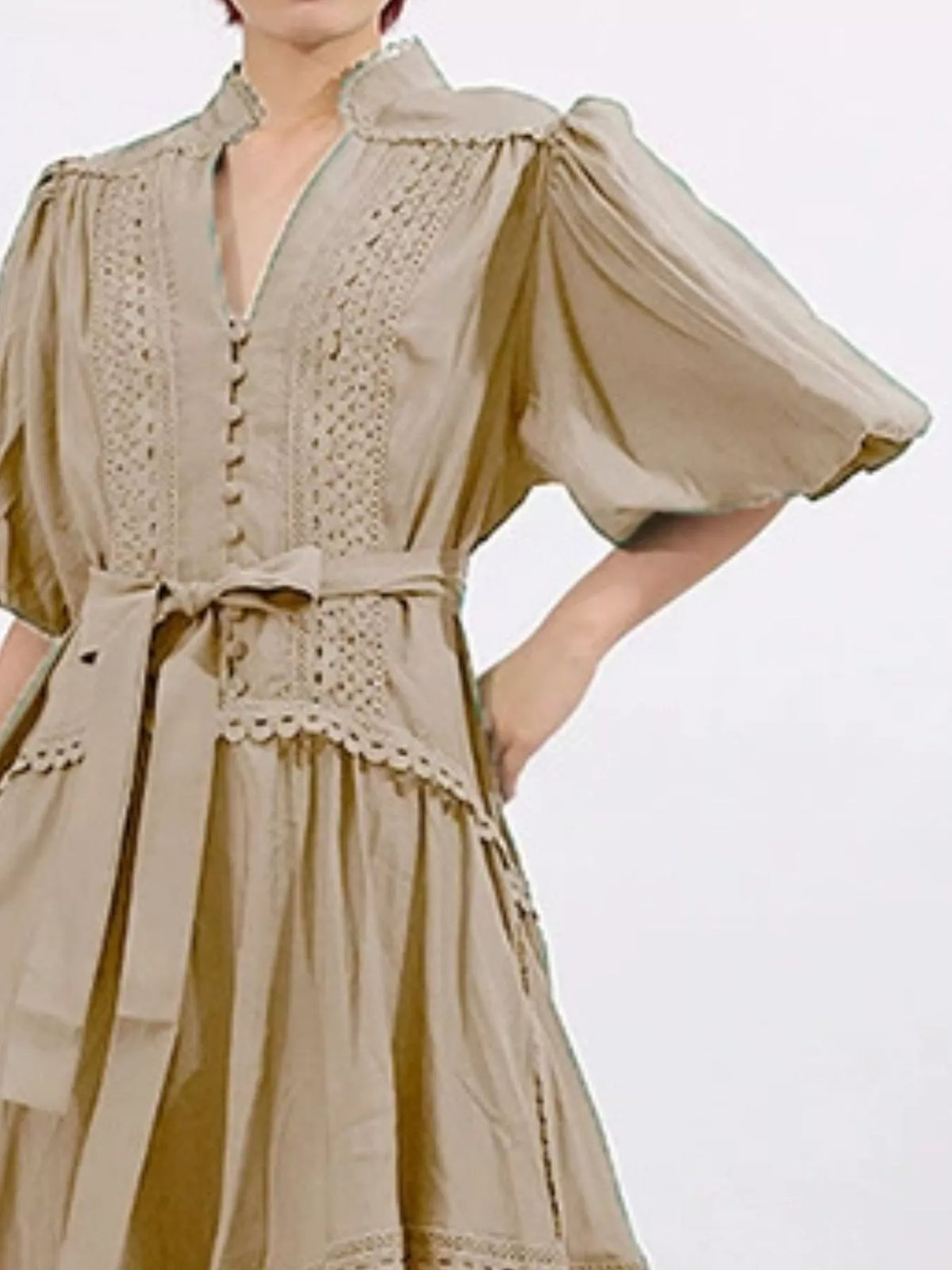 Crochet Lace Trim Notched Neck Puff Sleeve Tie Waist Tiered Maxi Dress 15