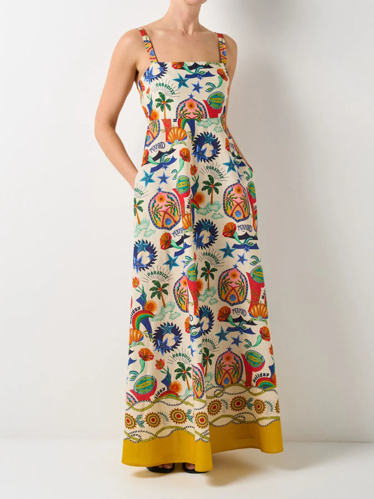 Novelty Print Square Neck Sleeveless Border Hem Maxi Dress 4