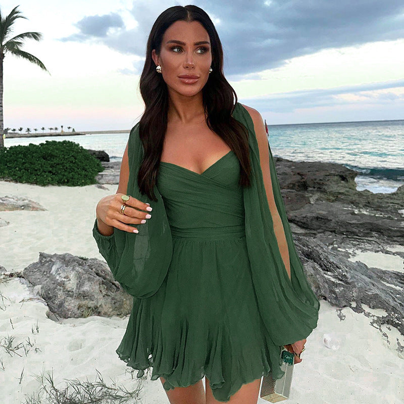 Chiffon Wrap V-Neck Split Balloon Sleeve Tie Waist Ruffle Mini Dress 16