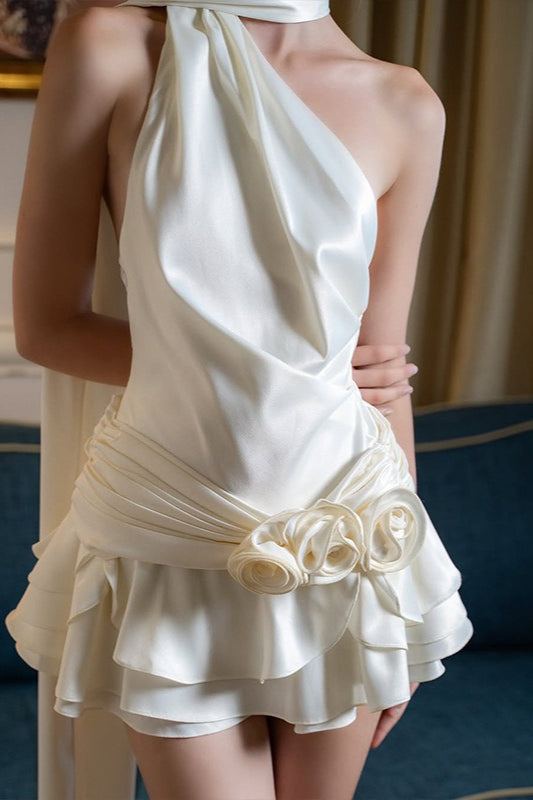 Satin One Shoulder Cowl Draped Rosette Waist Tiered Ruffle Mini Cocktail Dress