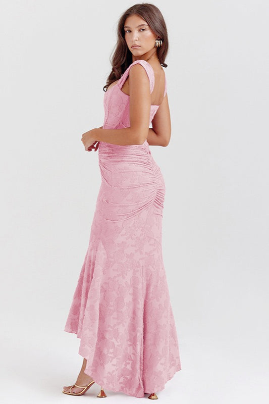 Velvet Square Neck Ruched Waist Lace Midi Dress