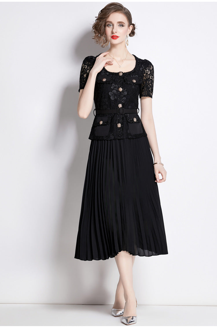 Faux Two Piece Lace Long Sleeve Pleated Midi Dress 32