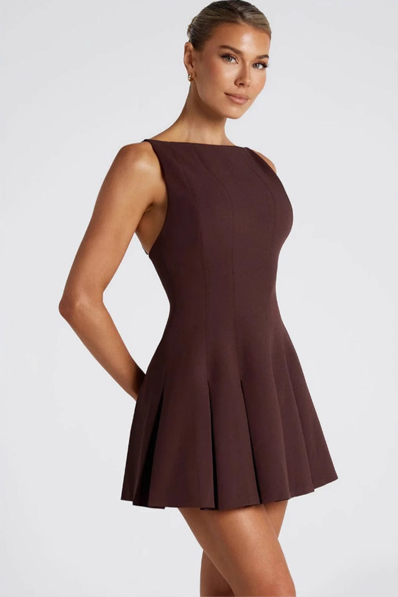 Boat Neck Sleeveless Box Pleat Structured Fit and Flare Mini Cocktail Dress