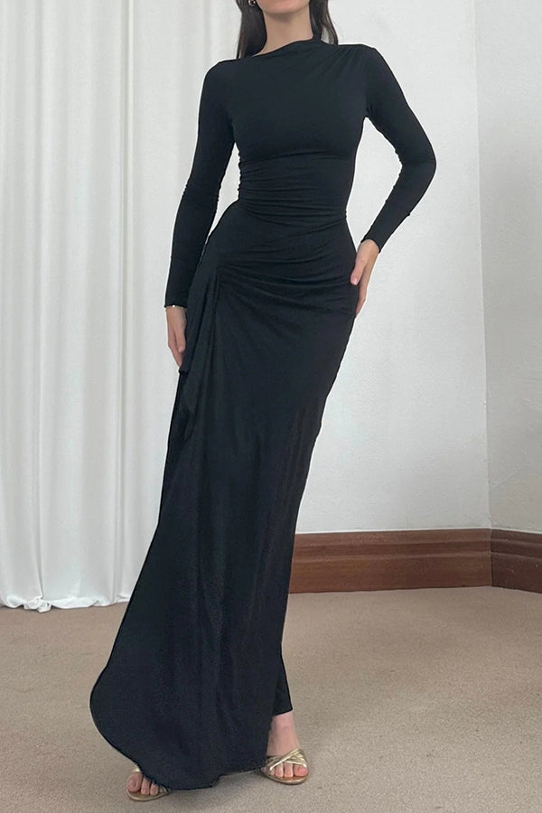 Long Sleeve High Neck Ruched Side Ruffle Slit Maxi Dress 3