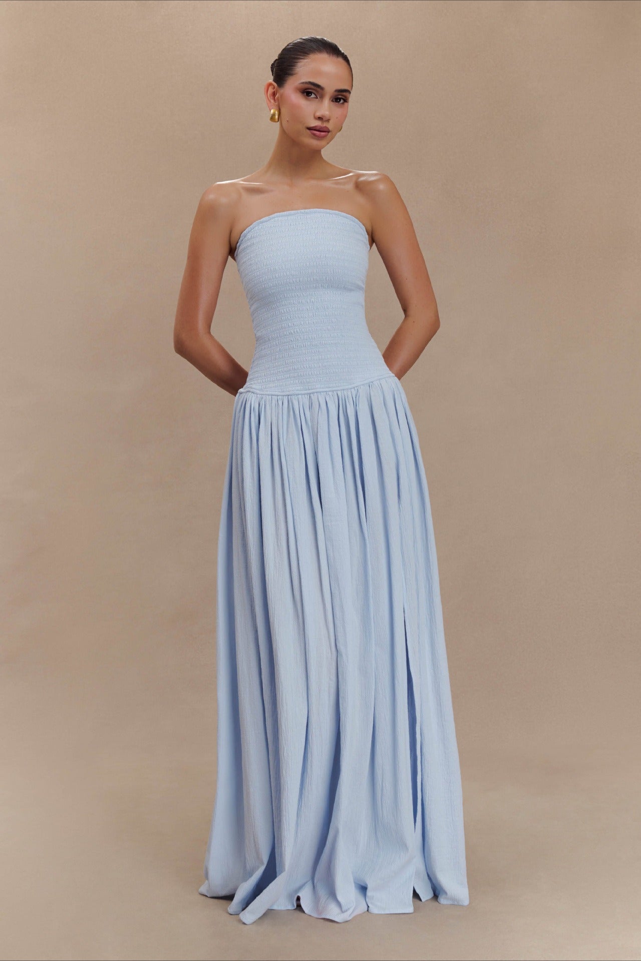 Strapless Ruched High Split Flowy Maxi Prom Dress