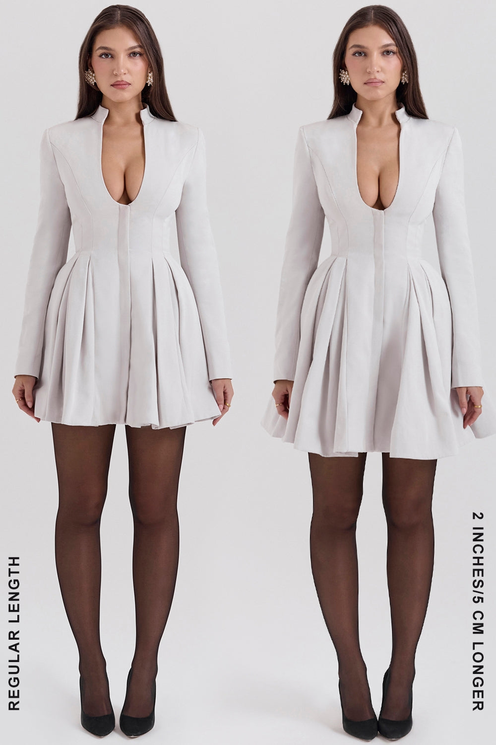 Stand Collar Plunge Long Sleeve Pleated Skater Mini Dress 9