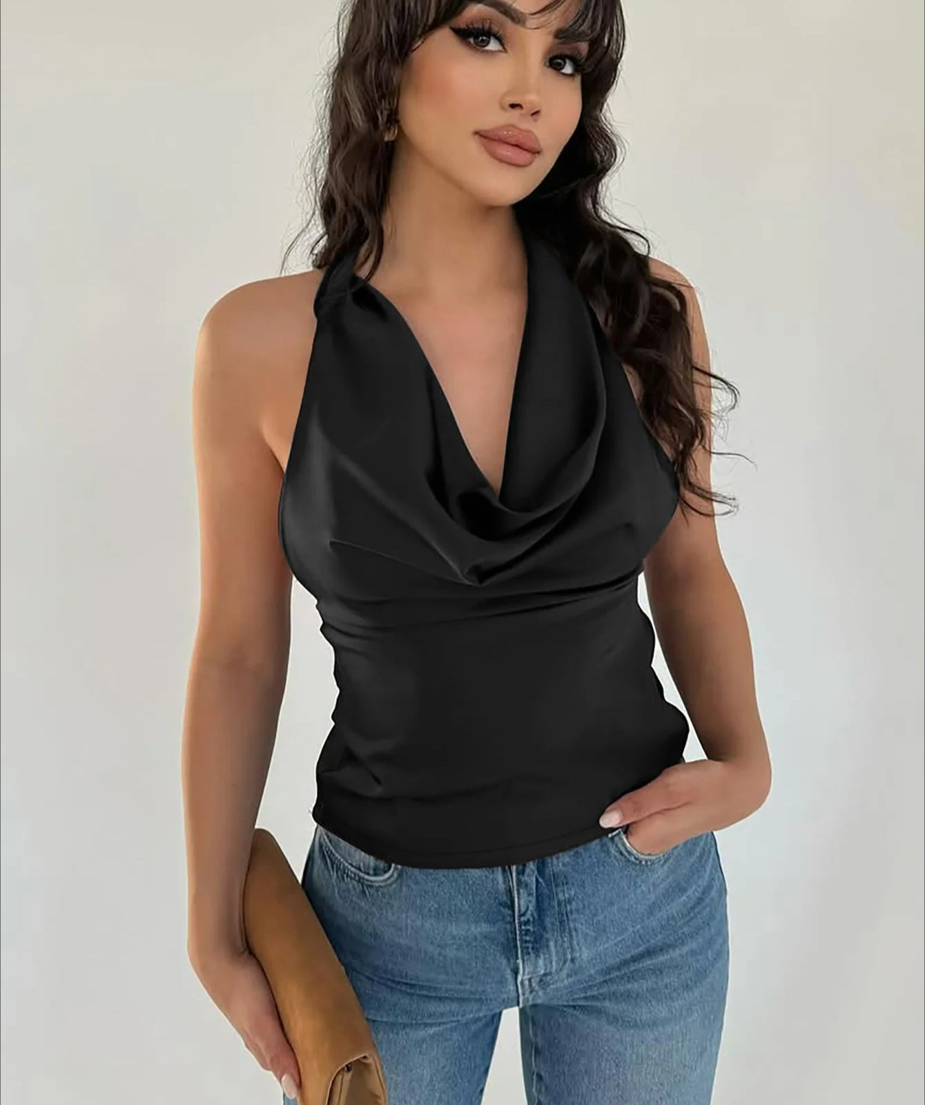 Halter Lace Up Ruched Solid Cami Top