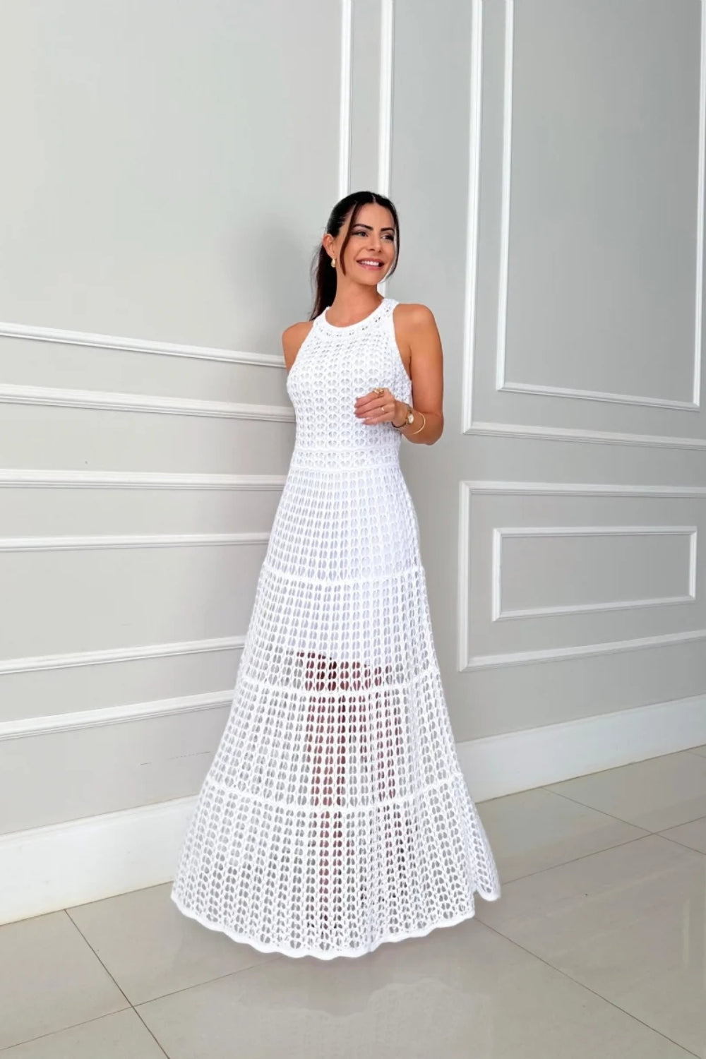 Crochet Knit Halter Neck Sleeveless Tiered Maxi Dress 8