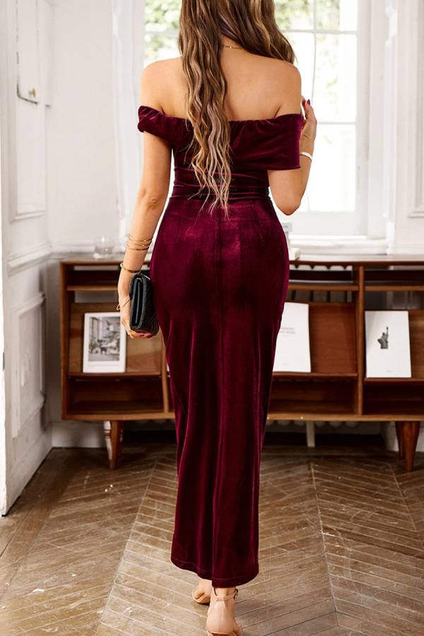 Marcella Exclusive Off Shoulder Red Dahlia Velvet Party Dress Boutique Collection