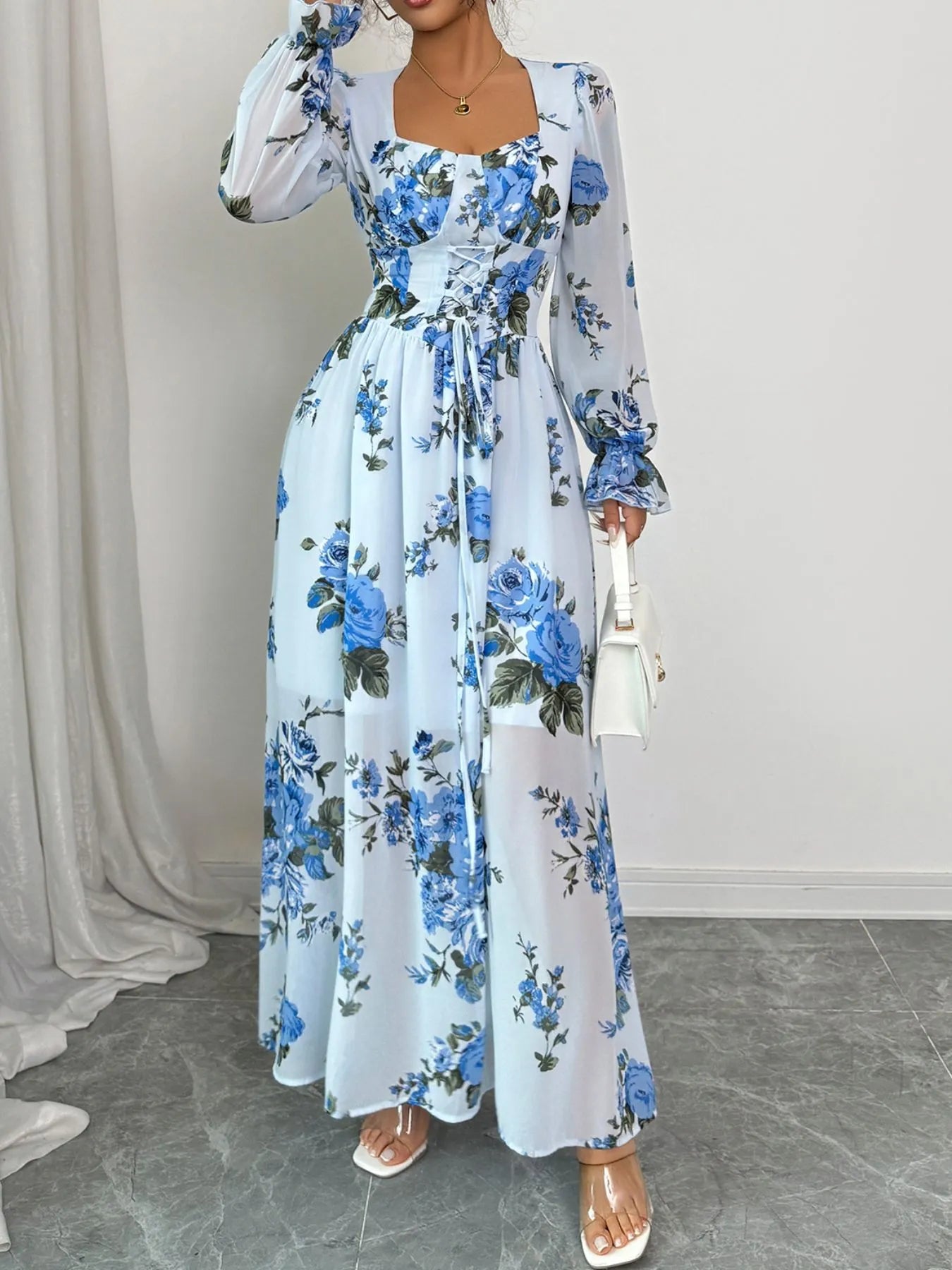 Floral Flounce Sleeve Maxi Dress Light Blue