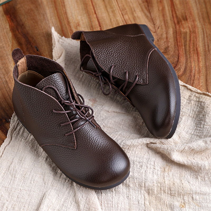 Brush-Off Leather Boots Lace-Up Soft Ankle Booties Casual Work Combat Boots Coffee/Brown