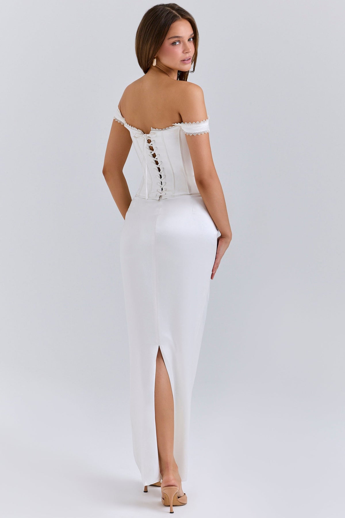 Satin Off Shoulder Corset Bodice Column Maxi Dress 6