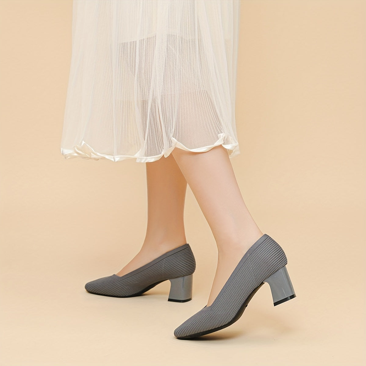 Square Toe Block Heel Slip On Pumps
