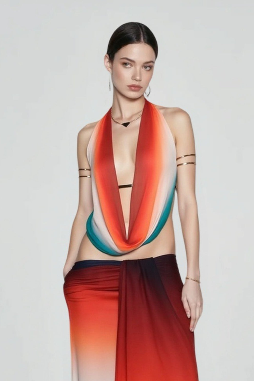 Ombre Mesh Plunge Cowl Halter Top and Draped Maxi Skirt Two Piece Set 2