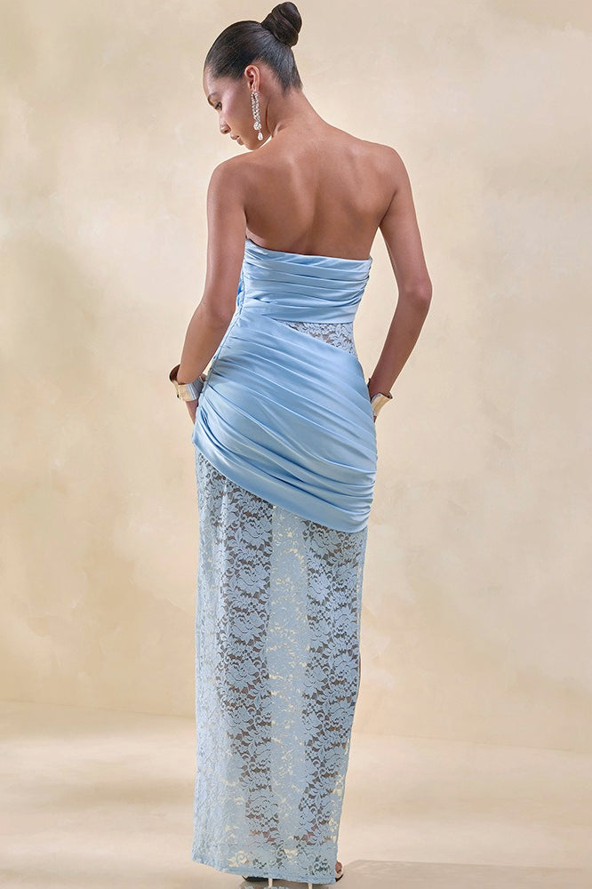 Strapless Sheer Lace High Slit Backless Maxi Lace Dress