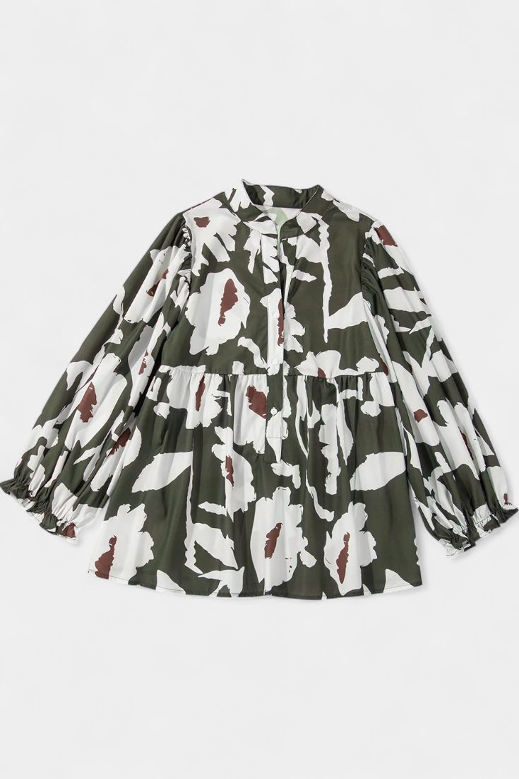 Abstract Floral Notch Neck Puff Sleeve Peplum Blouse