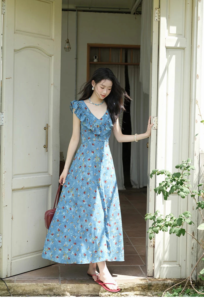 VNeck Ruffled Midi Floral Dress