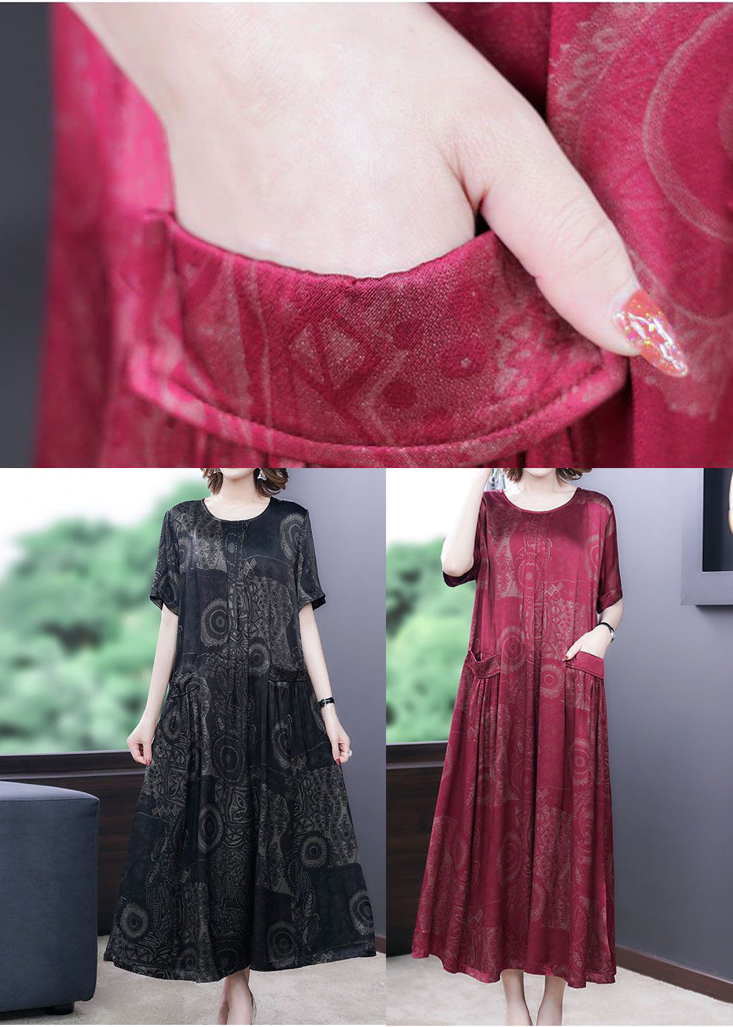 Jacquard Damask Print Round Neck Pocket Short Sleeve Loose Maxi Dress