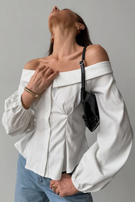 Off Shoulder Ruffled Satin Blouse