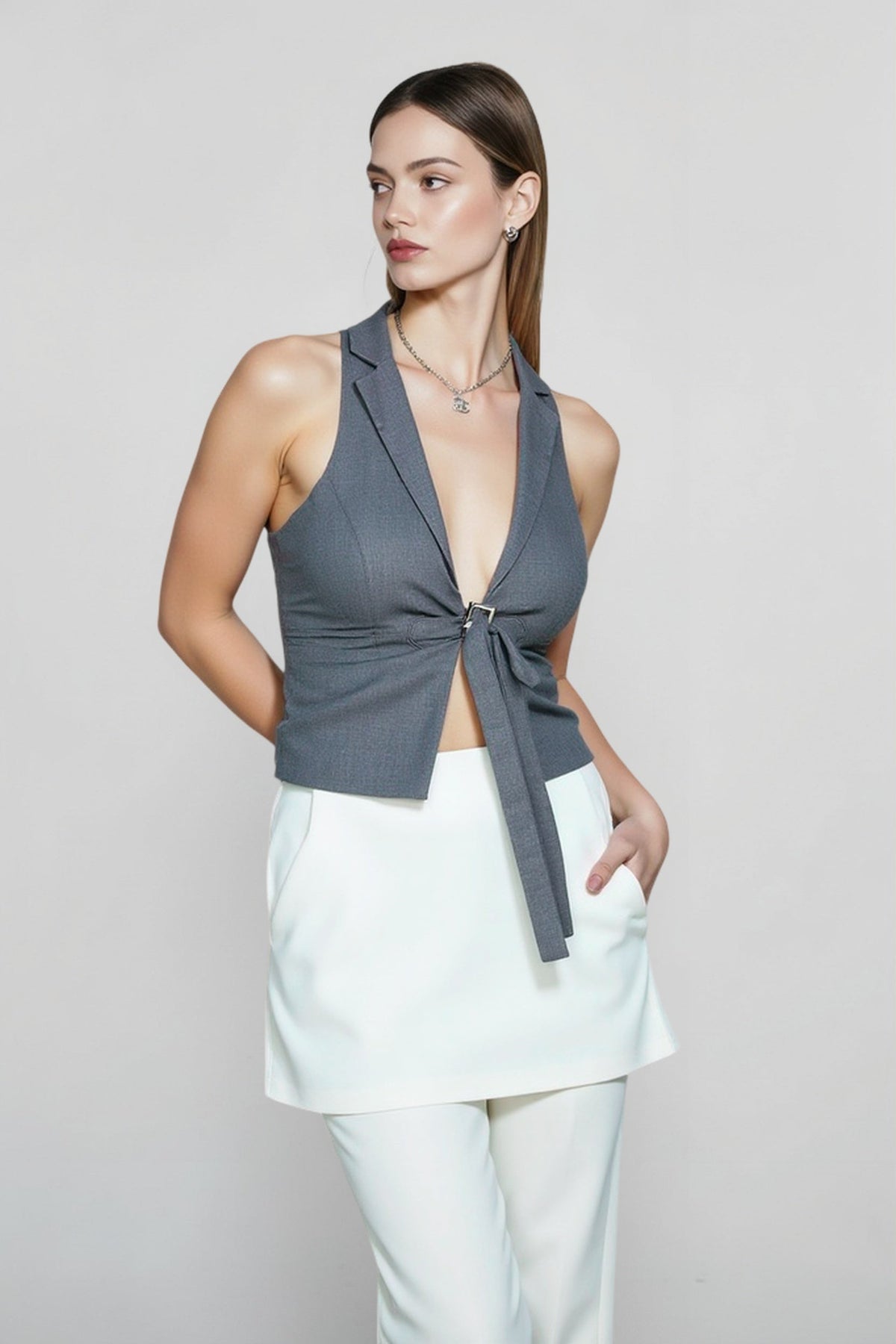 Lapel Collar Halter Neck Buckle Tie Front Vest Top