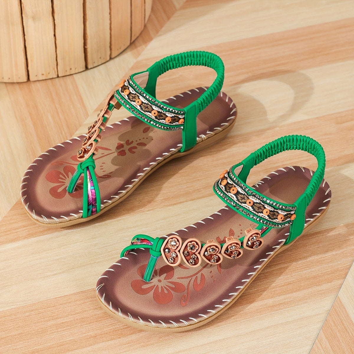 Embellished T-Strap Ankle Strap Flat Sandals