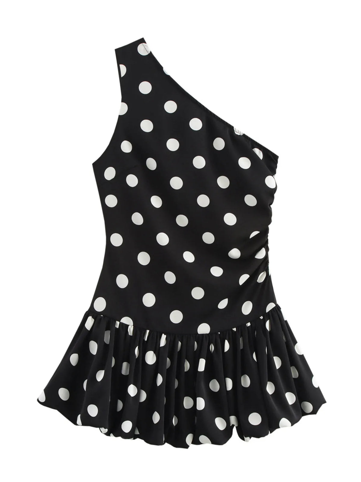 Polka Dot One Shoulder Drop Waist Bubble Hem Mini Dress 3