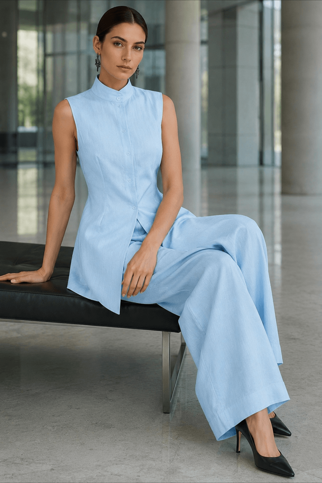 Drape Sleeveless Shirt Elegant Two Piece Work Set