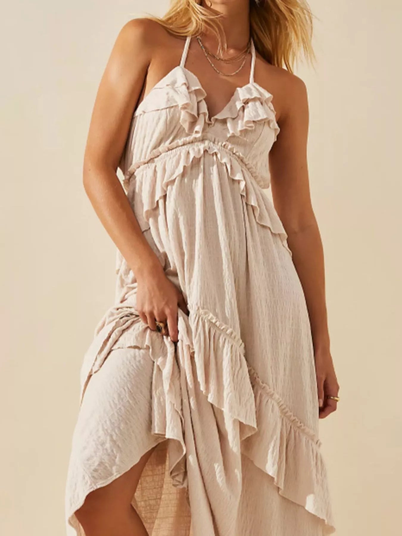 Halter Neck Deep V-Neck Ruffle Tiered Backless Maxi Dress 14