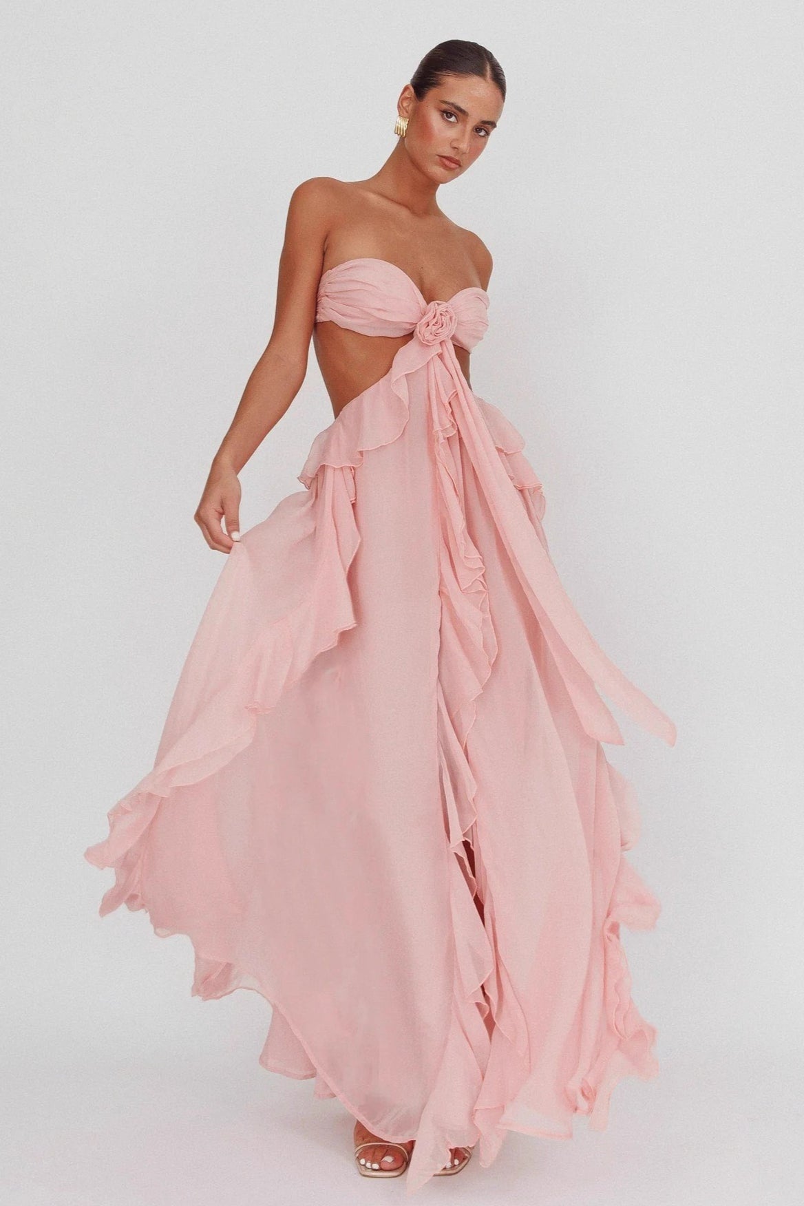 Strapless Chiffon Ruffle Rosette Cut Out High Split Maxi Dress