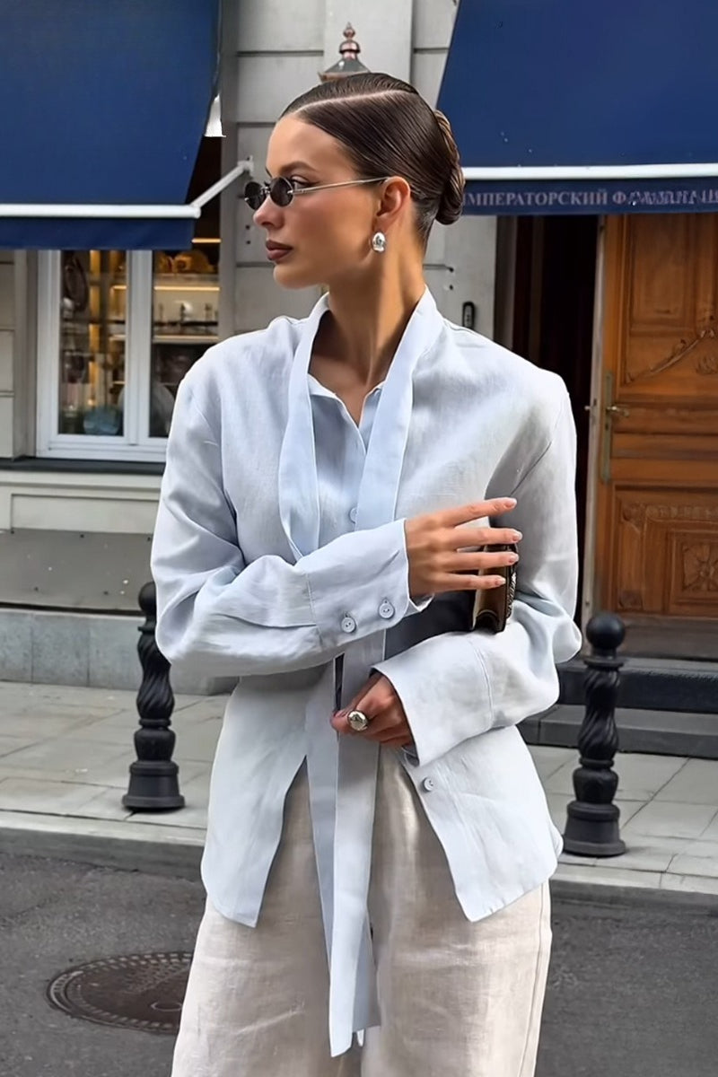 Linen Look Tie Neck Long Sleeve Button Cuff Relaxed Shirt