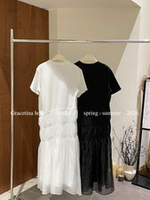 Short Sleeve Tiered Mesh A-Line Maxi Dress 13