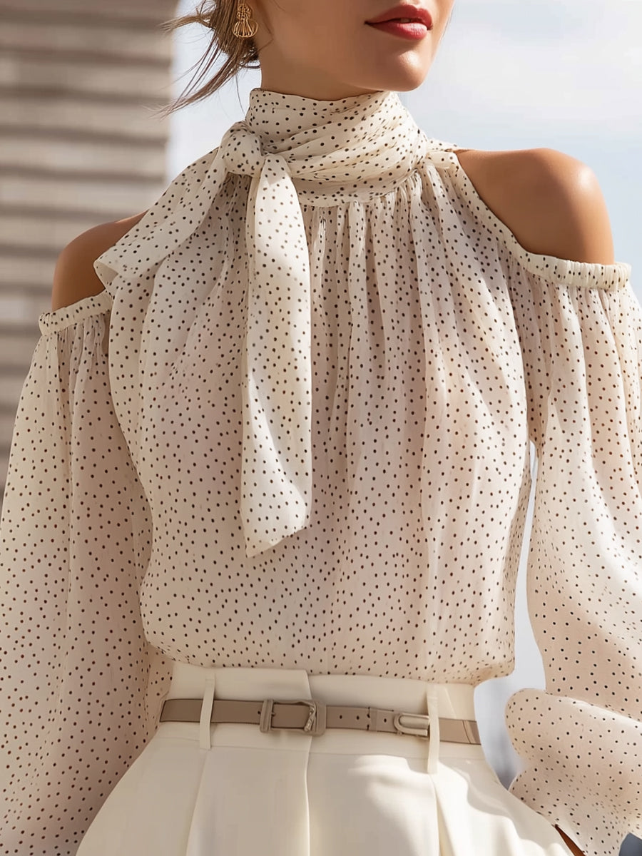 Polka Dot Cold Shoulder Scarf Tie Long Sleeve Blouse
