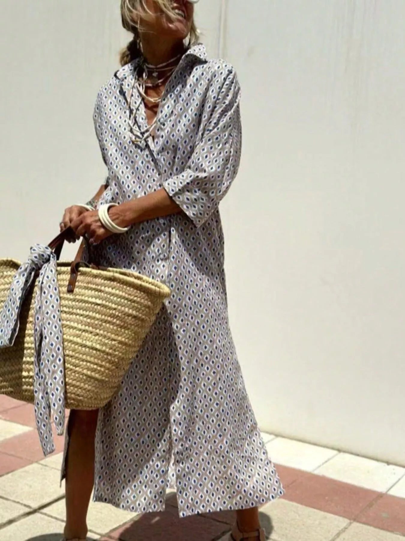 Full Size Printed Button-Down Midi Dress Plus Size Gray