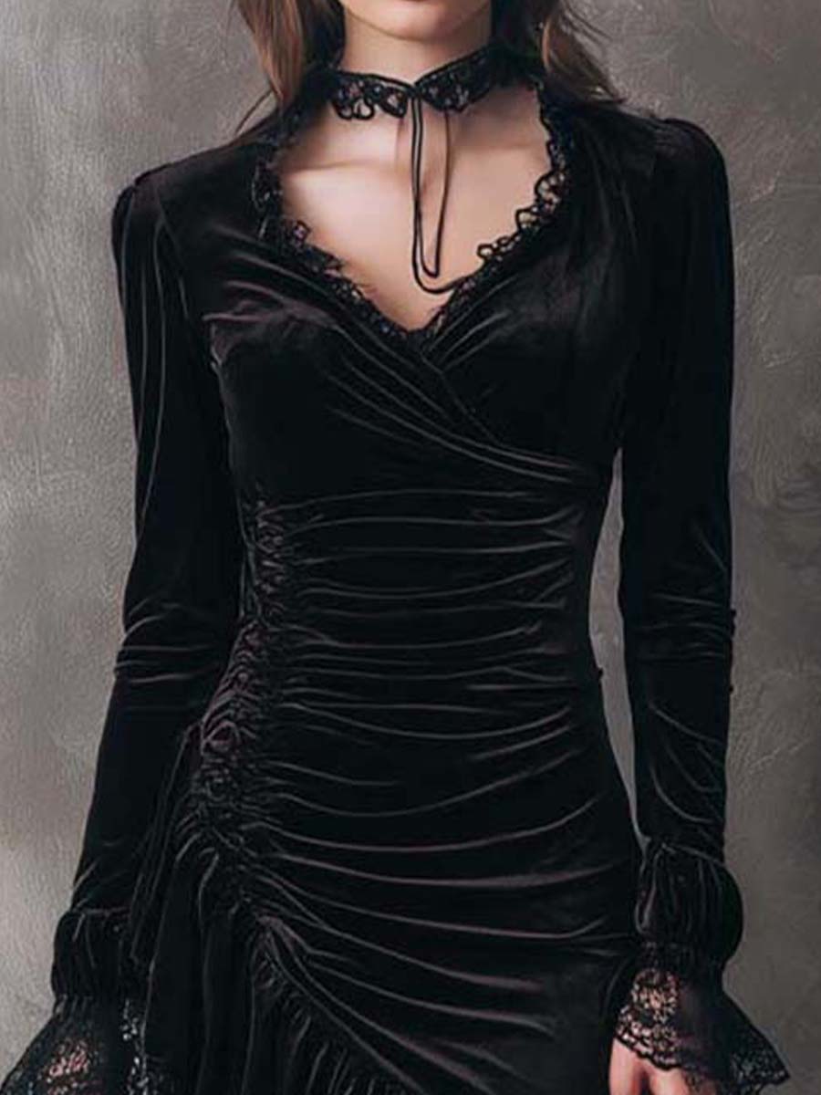 Gothic Velvet Pleated Detail High And Low Hem Lace Dress