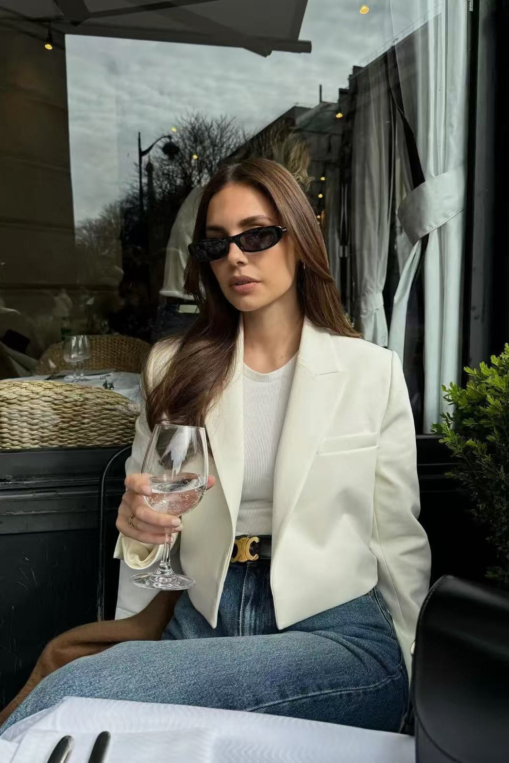 Cropped Open Front Notch Lapel Long Sleeve Blazer