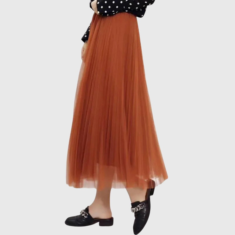 High Waist Pleated Tulle Midi Skirt