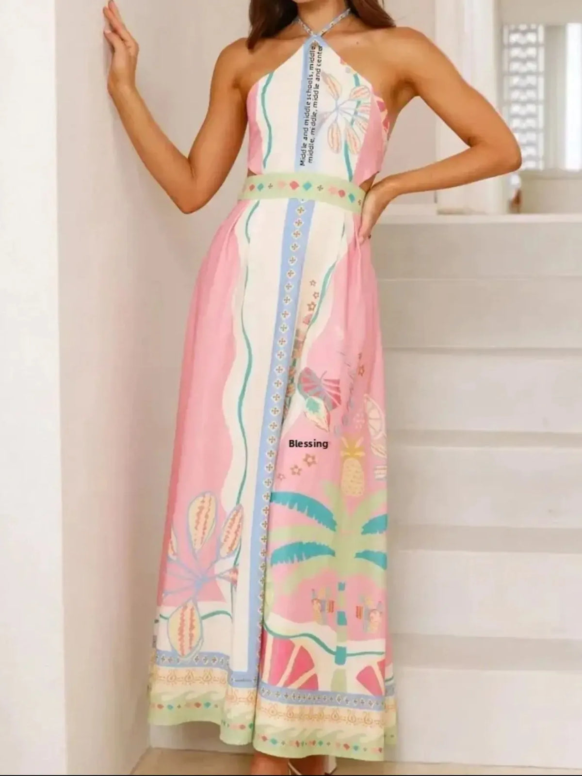 Tropical Print Halter Neck Side Cut Out A-Line Maxi Dress