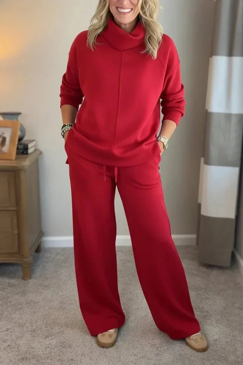 Cowl Neck Long Sleeve Top and Wide Leg Pants Two Piece Set