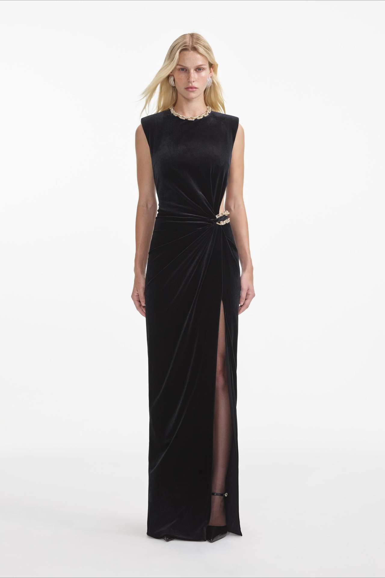 Velvet Crew Neck Cut Out High Split Bodycon Maxi Gown